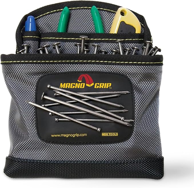 MagnoGrip 3-Pocket Nail Pouch with Integrated Magnetic Storage - Durable 1680D Ballistic Polyester, Magnetic Interior & Exterior, Tool Belt Compatible, Construction Pouch for Carpenters & DIY Projects