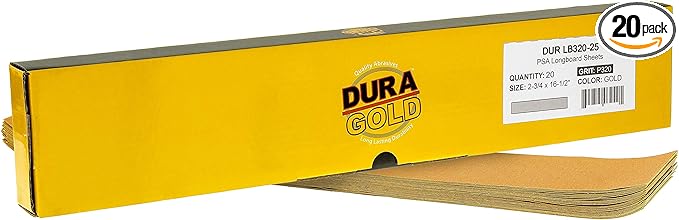 Dura-Gold Premium 320 Grit Gold Pre-Cut PSA Longboard Sandpaper Sheets, Box of 20, 2-3/4" x 16-1/2" Self-Adhesive Stickyback Sandpaper for Automotive, Woodworking Air File Sander, Hand Sanding Block