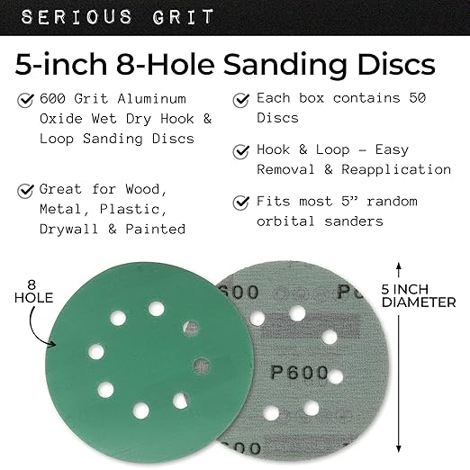 Serious Grit Sanding Discs 5 Inch 8 Hole 600 Grit - Heavy-Duty Hook & Loop Wet Dry Film Sandpaper Discs - Very Fine Sand Paper for Random Orbital Sanders - Wood, Automotive, Epoxy, etc - 50 Pack Box