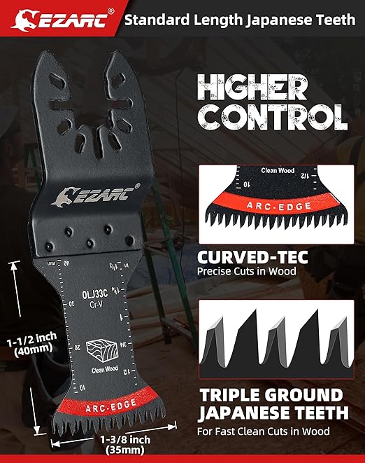 EZARC Japanese Tooth Oscillating Saw Blades, 10 PCS Extra-Long Arc Edge Oscillating Multitool Blades Clean Cut for Wood and Plastic, Universal Quick Release Multi Tool Blades Kits