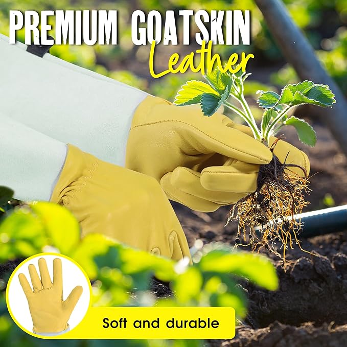 HANDLANDY Rose Gloves for Men & Women, Long Leather Gardening Gloves Thorn Proof, Best Garden Gifts & Tools for Gardener (Yellow-beige, X-Large (Pack of 1))