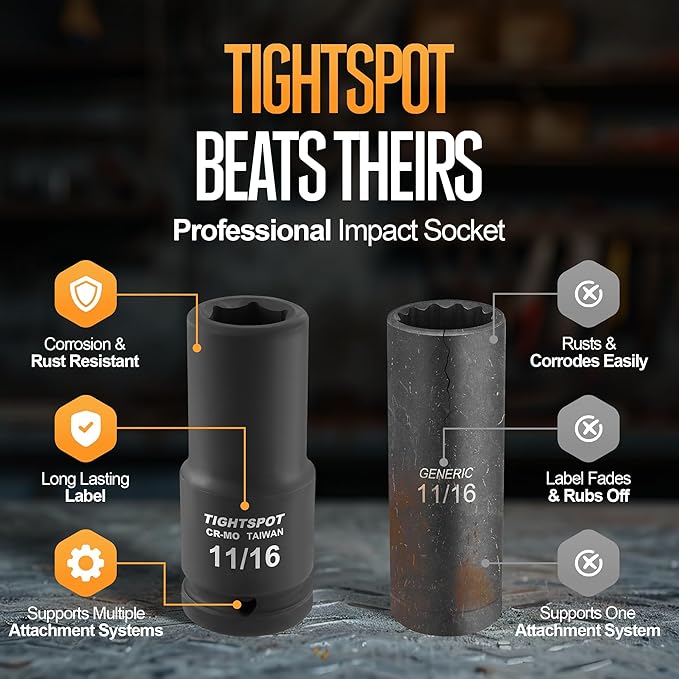 TIGHTSPOT 3/4" Drive 11/16 Inch SAE Deep Impact Socket Heavy Duty CR-MO Jumbo Socket 6 Point Automotive Truck and Heavy Equipment Repair