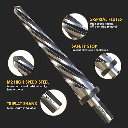 1/2" Bridge Construction Reamer, M2 HSS Taper Chucking Reamer Drill Bit with 5-Spiral Flutes Design for Steel, Alloy, Aluminum, Wood and Plastic