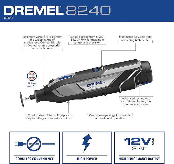 Dremel 8240 12V Cordless Rotary Tool Kit with Variable Speed and Comfort Grip -Includes 2AH Battery Pack, Charger & more (Renewed)