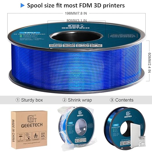 Geeetech TPU Filament 1.75mm, Shore 95A Flexible 3D Printer Filament with High Elasticity, 1KG (2.2lbs) Spool, Dimensional Accuracy 짹0.03mm, Fits Most FDM Printers, Clear Blue
