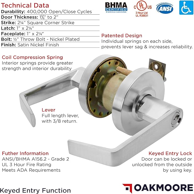 Commercial Entry Door Handle | Grade 2 Ultra Heavy Duty Lockset with Keys | Offices, Stores, Industrial | UL CUL & ADA | Satin Nickel | ANSI A156.2 | Durable Knob for High-Traffic Areas