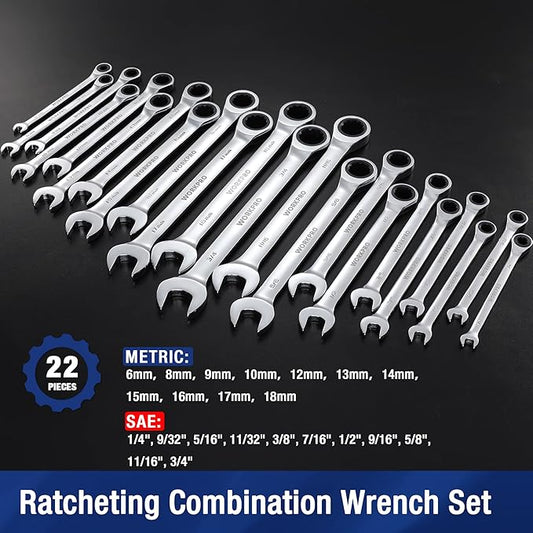 WORKPRO 22-Piece Ratcheting Combination Wrench Set, 72 Teeth, Combo Ratchet Wrenches Set with Organizer Box, Metric 6-18mm & SAE 1/4-3/4"
