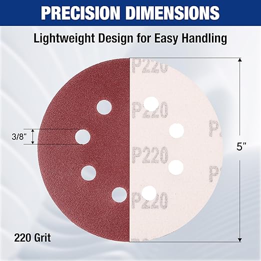 WORKPRO 100-Piece 220 Grit Sanding Discs - 5-Inch 8-Hole Hook and Loop Sandpaper for Random Orbital Sander (Not for Oscillating Tools or Mouse Sander)