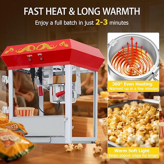 8 Oz Popcorn Machine Cart, 650 W, Popcorn Maker Machine with Stainless-Steel Kettle, Movie Theater Popcorn Machine with Steel Frame Tempered Glass Doors & Heated Warming Deck, Red