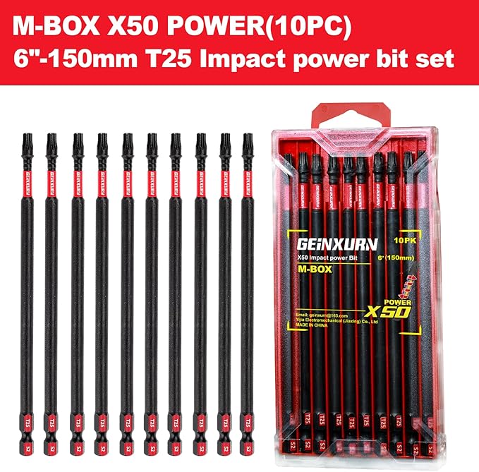 10 Pieces 6 In. T25 Impact Tough Magnetic Screwdriver Bit Set, #25 Torx Head Power Bits, S2 Alloy Steel Star Bits with Storage M-Box