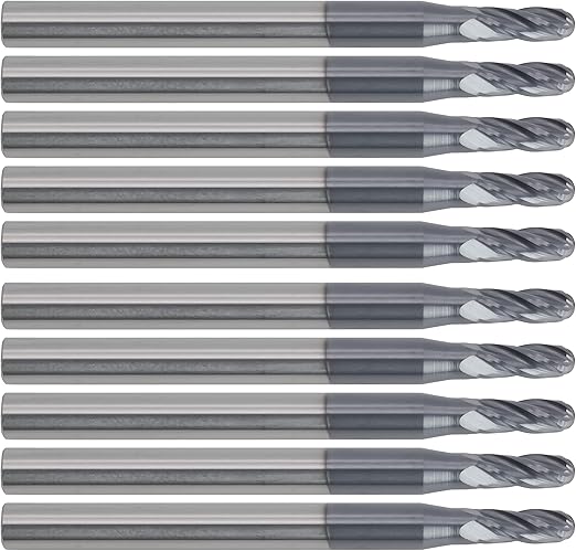CME 10 pcs Micrograin Carbide End Mills, Ball Nose, TiAlN Coated, 3/32" Mill Diameter, 1/4" Length of Cut, 1 1/2" Overall Length, 4 Flute, Center Cutting