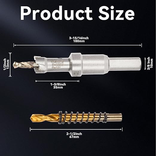 Hole Saw 1/2" (13mm) Heavy Duty Carbide with 2 Pilot Drill Bits - Metal Hole Cutter Cuts Stainless Steel, Iron, Copper, Brass, Plastic