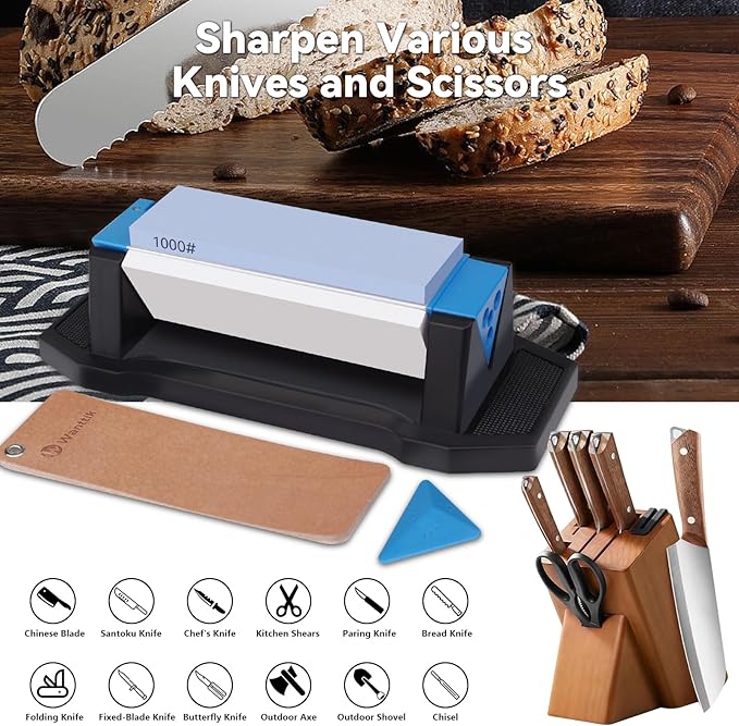 Knife Sharpening Stone, 3 Sides Grit 400/1000/5000, Whetstone Knife Sharpener with Non-Slip Base, Angle Guide & Leather Strop, for Kitchen Knives and Pocket Knives and More
