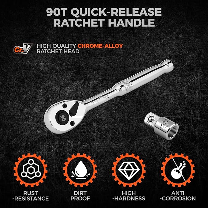 HORUSDY 1/4" Drive 90-Tooth Quick-Release Ratchet Handle with 1/4" to 3/8" Adapter, Reversible Thin Profile Socket Wrench, 4째 Swing Arc, Ergonomic Anti-Slip Grip, Ideal for Auto, Bike & Home Repair