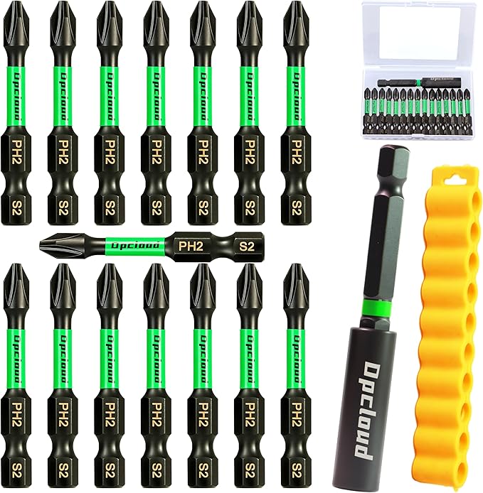 Impact #2 Phillips Screwdriver Bit Set, 16 Pieces 2?쒾2 Steel Magnetic PH2 Tips Driver Power Bit Set with Extension Impact Bit Holder