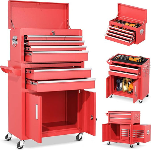 INTERGREAT 8 Rolling Drawers Tool Chest, Assembled Tool Chest with Wheels, Detachable Top Tool Box, Tool Cabinet for Repair Room,Warehouse, Rolling Tool Box with Hooks,Tray Divider,Liners, Red