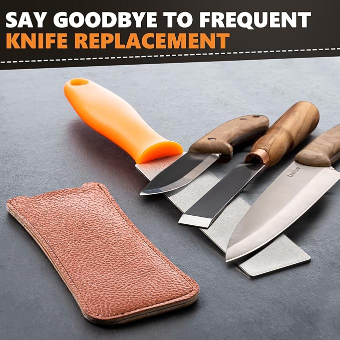 Feekoon 2 Pcs Dual Grit Diamond Sharpening Stone File Coarse 300# /Extra Fine 1000# Grit with Leather Sleeve Garden Tool Blade Sharpener for Knife, Axe, Lawn Mower Blade, Shears, Chisel Spade (Orange)