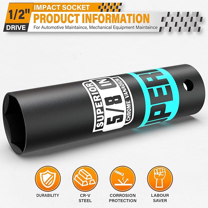1/2" Drive Impact Socket, 5/8 inch Deep Socket, SAE, 6 Point, CR-V, for Car Repair, Loosen the Fastening Nut