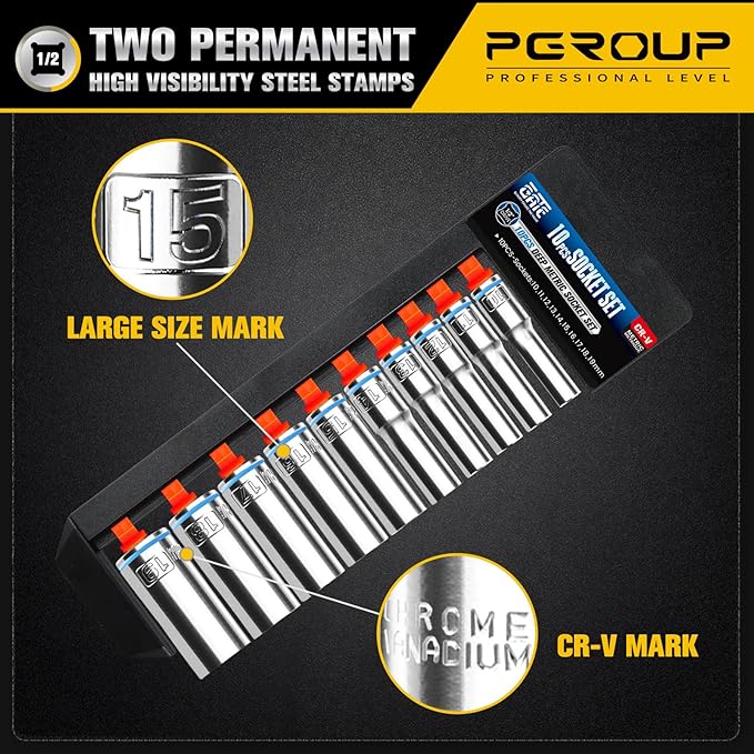10PCS 1/2??Drive Deep Socket Set, Metric (10mm-19mm), 6-Point, Cr-V Steel, Chrome Plated Socket With Hanging Bracket, Cover Most Commonly Sizes