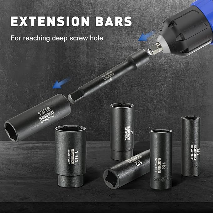 Impact Socket Set 1/2??Drive, SORAKO16 PCS SAE Deep Socket Set (3/8-Inch to 1-1/14") Include 5??Extension Bar & 10??L Handle, Cr-V Steel 6 Point Standard Impact Socket with Portable Case