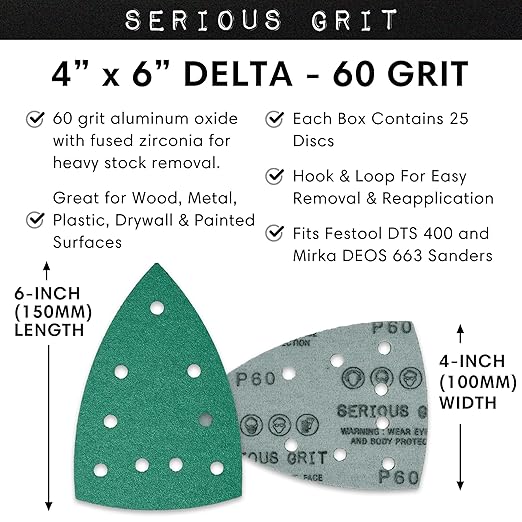 Serious Grit - 60 Grit 4" x 6" Delta (100mm x 150mm) Triangle Sanding Sheets - Fits Festool DTS 400 & Mirka DEOS Delta Sanders - Heavy-Duty Hook & Loop Film Sandpaper for Detail Sanders - 25 Pack Box