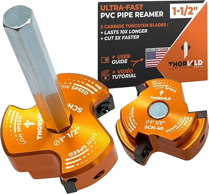 THORVALD PVC Pipe Reamer TriForce - with Tungsten Carbide Blades - Video Tutorial + User Guide - 3 Blades PVC Fitting Saver for Plumbing - Tool Size: 1-1/2″