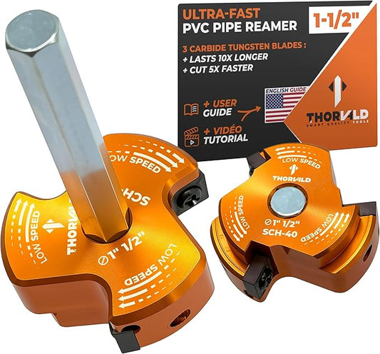 THORVALD PVC Pipe Reamer TriForce - with Tungsten Carbide Blades - Video Tutorial + User Guide - 3 Blades PVC Fitting Saver for Plumbing - Tool Size: 1-1/2″