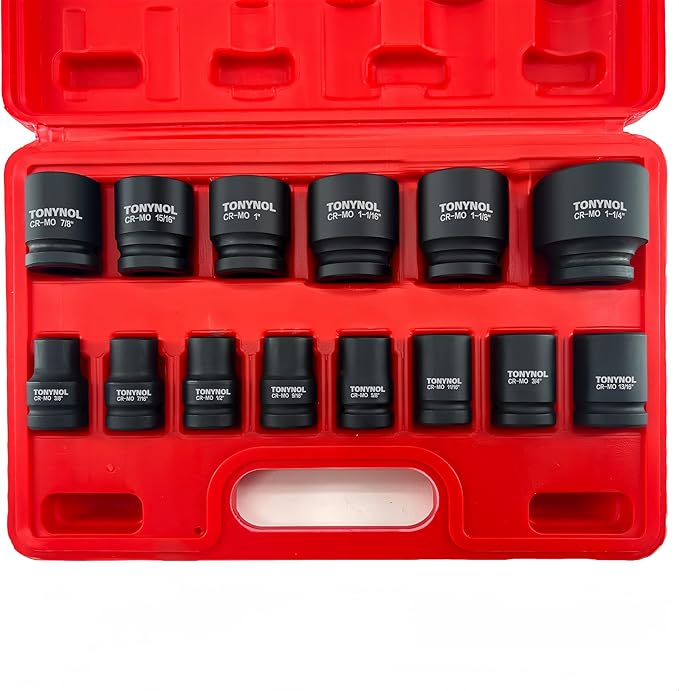 1/2 Inch Shallow Drive Impact Socket Set,6-Point,SAE(3/8" to 1-1/4"),14 Pcs,Cr-Mo Steel,With a Storage Case