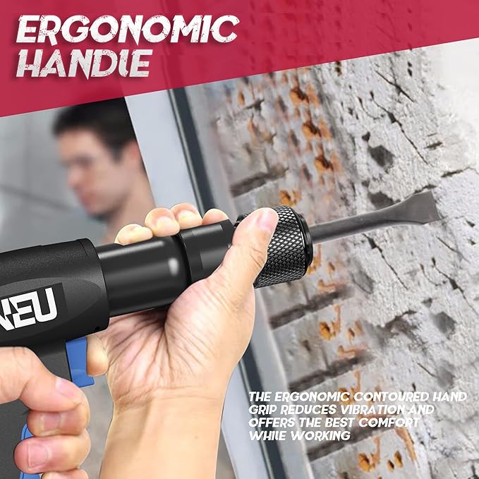 Air hammer, NEU PNEUPACTURE 190mm short barrel air chisel kit, with 4pcs chisels, with quick change retainer, 3500bpm air chisel for shoveling and cutting
