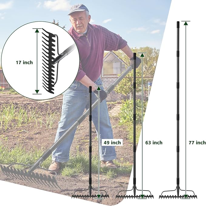 77'' Bow Rake 竊?7 Tines Metal Head Rakes with Stainless Steel Handle竊똇eavy Duty Garden Rake for Loosening Soil Gathering Leaf Leveling Lawn Farming Land Management Yarn Thatch Rake