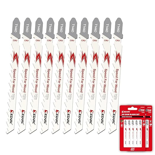 EZARC 10PCS Jigsaw Blades T144D Jig Saw Blades Set for Wood Fast Cutting Assorted T-Shank Replacement 6 TPI Curved & Scrolling Cutting