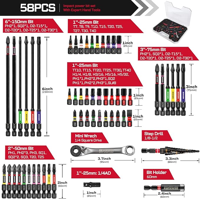58Pcs Screwdriver Set Include 54Pcs Impact Screwdriver Bits Set, Mini Wrench, Step Drill, 1/4?쒾ocket Adapter and Impact Bit Extension with Tool Box for Home Repairs DIY