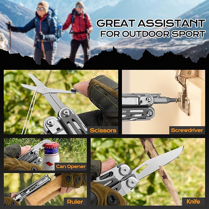 BIBURY Multitools BI2038C,19-in-1 Stainless Steel Pocket Knife with Scissors, Foldable Self-locking EDC Multi tools Pliers with Sheath for Outdoor Hunting Survival Camping Simple Repair