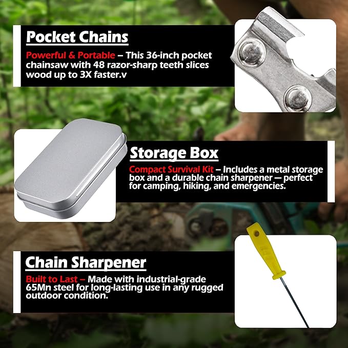 36 Inch Pocket Chainsaw Survival Kit ??Hand Chain Cutting Tool with Wire Cutter, Sharpening File & Storage Box for Camping, Hiking & Outdoor Tree Work