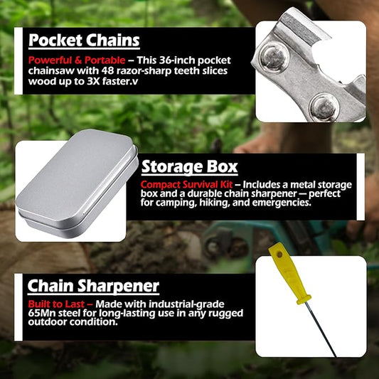 36 Inch Pocket Chainsaw Survival Kit ??Hand Chain Cutting Tool with Wire Cutter, Sharpening File & Storage Box for Camping, Hiking & Outdoor Tree Work