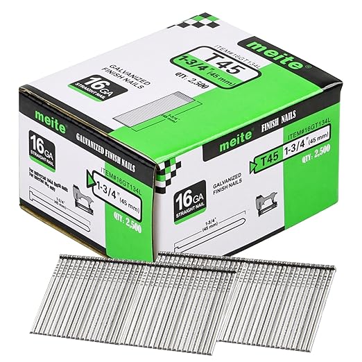 meite 16 Gauge Finish Nails, 1-3/4-Inch Galvanized 16 Gauge Nails, Small Straight Finishing Nail for 16 Gauge Finish Nailer Guns (5 Boxes)