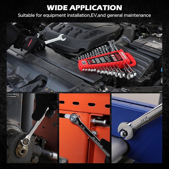 15-Piece SAE Combination Wrench Set, 1/4''??'' 12-Point Open End and Box End Wrench Kit with Organizer, Chrome Vanadium Steel Tools for Mechanics, Garages and Workshops
