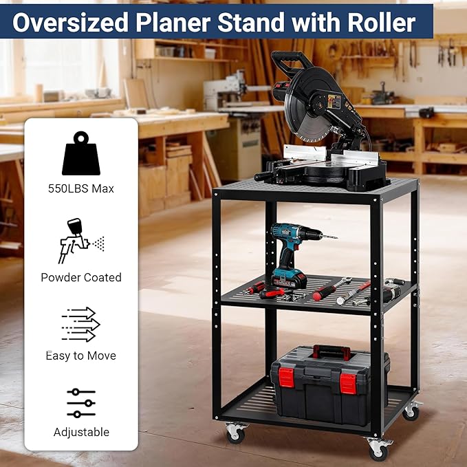 Planer Stand, 27.6" x 24" Tabletop, 31"- 44.7" Height Adjustable, 550 LBS Capacity Planer Table with 4 Stable Casters & Storage Space, for Most Planers, Saws, Bench-top machines, Power Tools