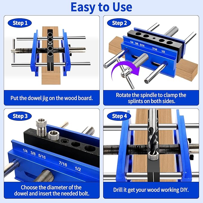 Self Centering Dowel Jig Kit, Drill Jig for Straight Holes Biscuit Joiner Set, Adjustable Drilling Guide Wood Working Tools with 3 Drill and 6 Drill Guide Bushings, Wood Doweling Jig for Woodworking