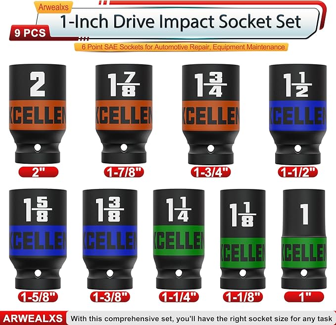 9 Pieces 1-Inch Drive Impact Socket Set, 1" to 2" Jumbo Socket, 6 Point SAE Sockets for Automotive Repair, Equipment Maintenance
