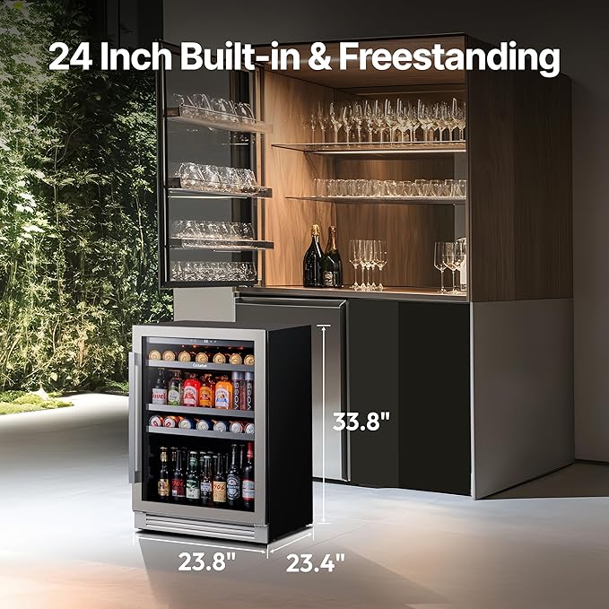 Ca'Lefort 24 Inch Beverage Refrigerator - 180 Can Beverage Fridge with 34째-54째F, Built in or Freestanding Beverage Cooler with Glass Door and 3 LED, Drink Fridge for Home/Kitchen(5.65 cu.ft)