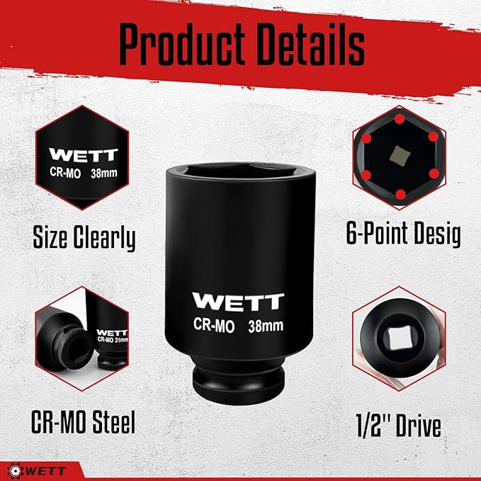WETT 1/2" Drive Deep Large Impact Socket Set, 9-Piece Spindle Axle Nut Metric 6 Point Sockets Set, CR-MO, 29mm-38mm