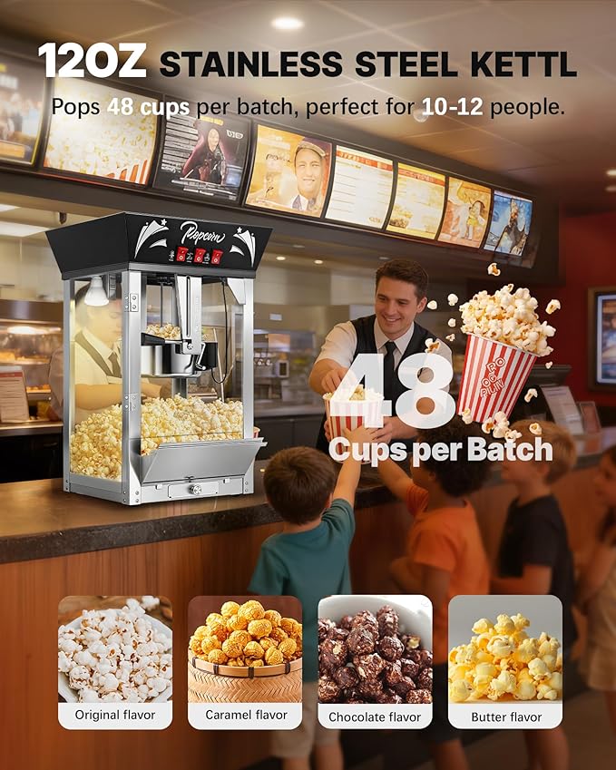 12 Oz Commercial Popcorn Machine, 850 W, Movie Theater Popcorn Machine, Black Tabletop Pop corn Machine with 3-Switch Control & Steel Frame Tempered Glass Doors for Home Theater