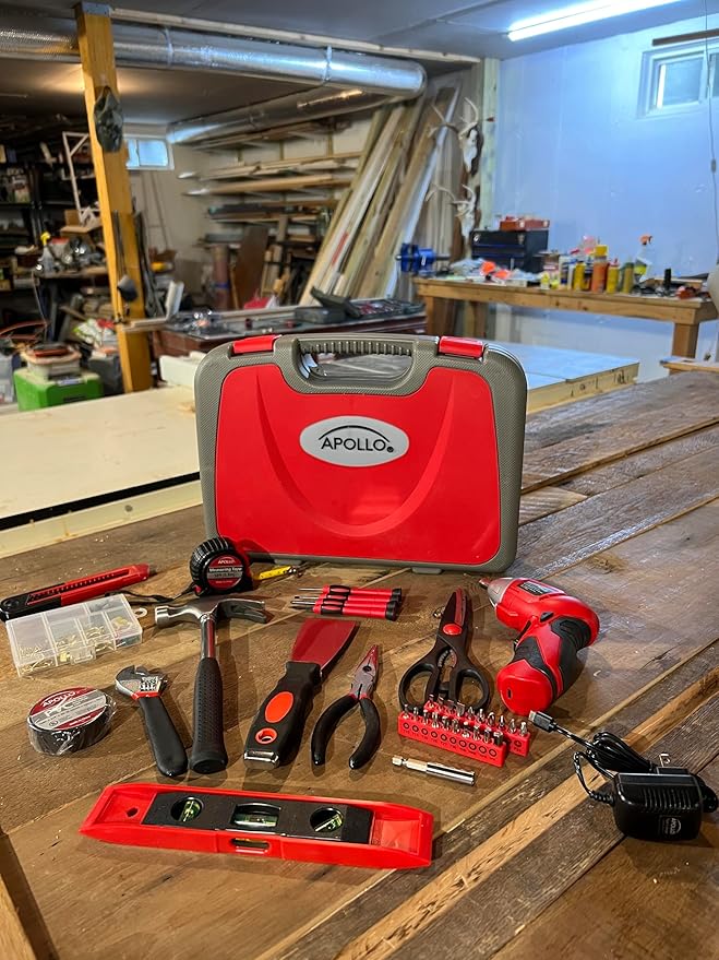 Apollo Tools 135 Piece Household Tool Set with Pivoting Dual-Angle 3.6 Volt Lithium-Ion Cordless Screwdriver ??Includes Most-Needed Tool Selection and Hanging Assortment- Red - DT0773