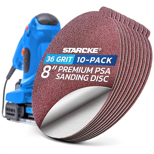 8 inch Sanding Disc Self Stick Orbital Sander Pads 10 Pack No Hole - Premium 36 Grit Sandpaper Discs Aluminum Oxide, Durable PSA Sand Paper, Round Sanding Discs Adhesive Back for Wood & Metal