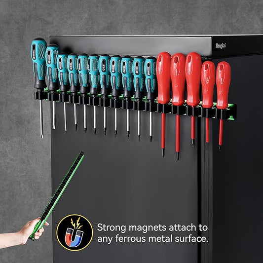 Magnetic Screwdriver Organizer, Aluminum Alloy Rail Tool Holder, Fits Up to 16 Screwdrivers (Green)