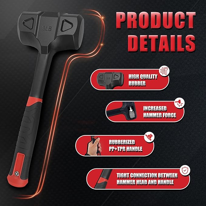YIYITOOLS 3LB (48oz) Dead Blow Hammer, Heavy Duty One-Piece Forged Carbon Steel Construction, Steel Ball-Filled Head, Anti-Vibration Rubber Grip, Spark and Rebound Resistant, Ideal for DIY, Automotive