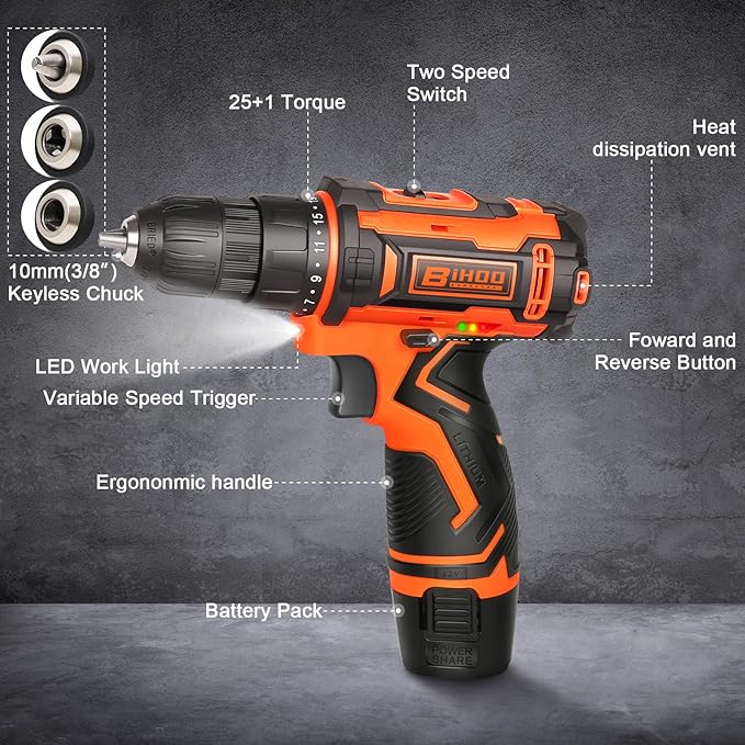 BIHOO Cordless Drill Driver Set 12V,3/8"Keyless Chuck Battery Drill Kit,2 Variable Speed and 43pcs Drills Bits for Home DIY