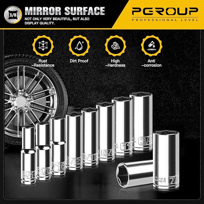10PCS 3/8??Drive Deep Socket Set, SAE (5/16"-7/8"), 6-Point, Cr-V Steel, Chrome Plated Socket With Hanging Bracket, Cover Most Commonly Sizes