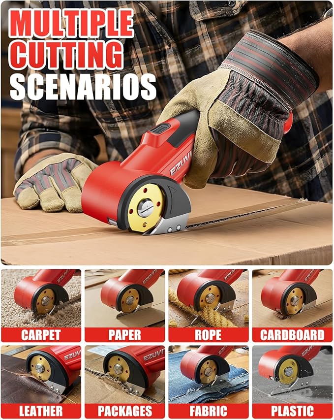 4V Cordless Electric Scissors with LED Light, Rechargeable Cardboard Box Cutter, Wrench, Storage Bag & Titanium-Coated Replacement Blade for Fabric, Leather, Carpet & Plastic(Red & Black)